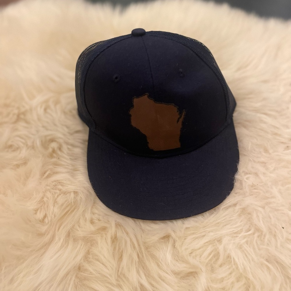 Port Authority Navy Hat with Brown Wisconsin Patch